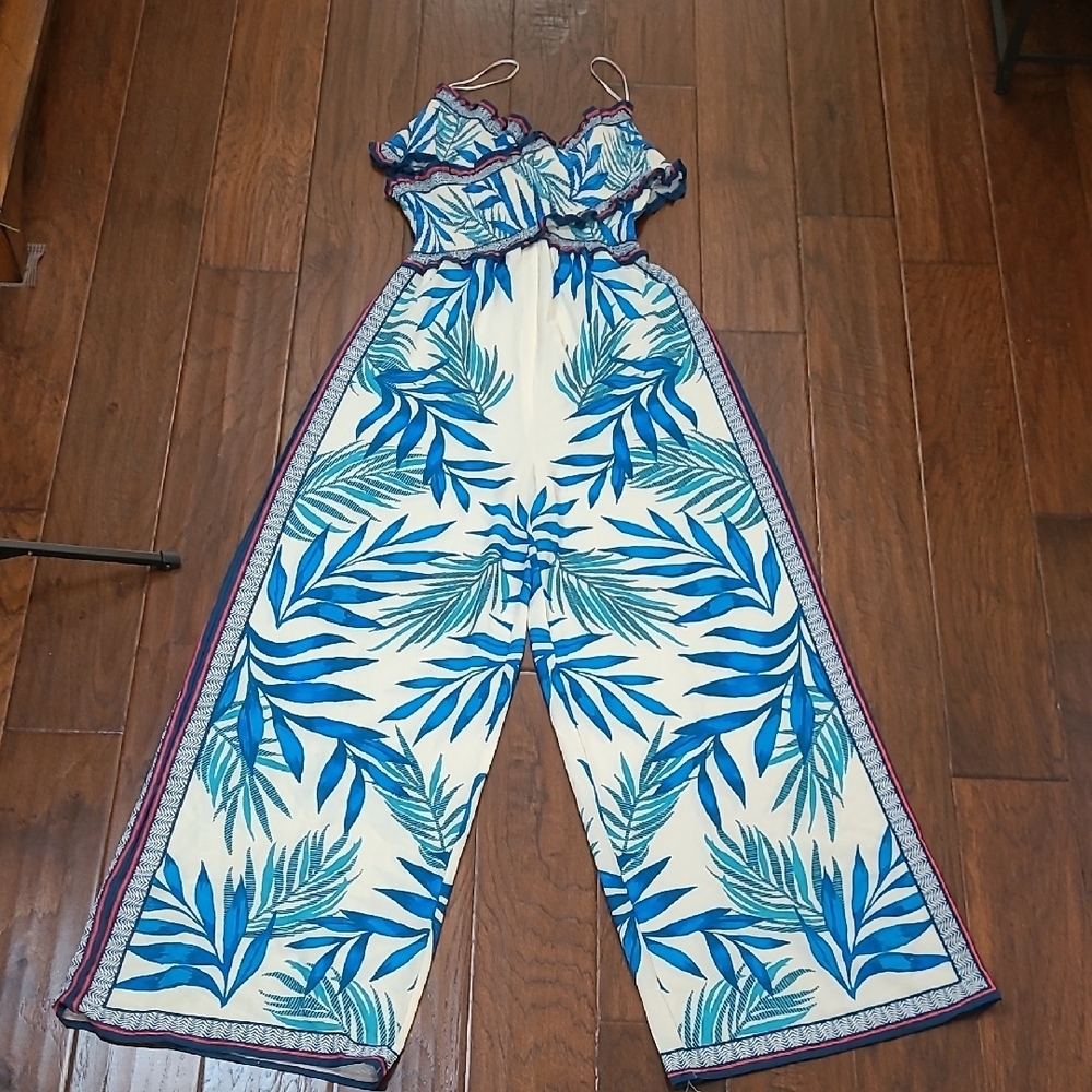 NWT Jealous Tomato Tropical Leaf Print Jumpsuit with Smocked Top size Small